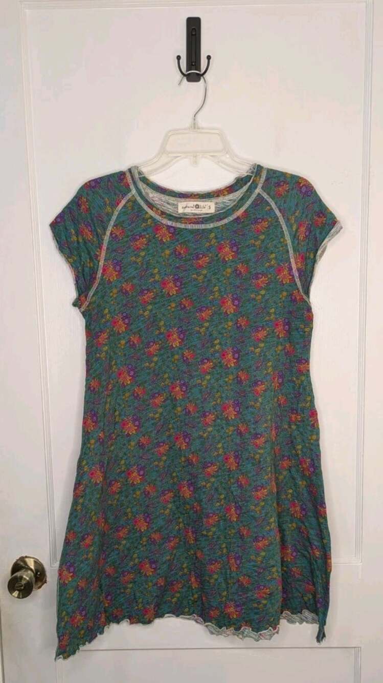 Natural Life Lily Knit Cotton Tee Dress in Turquoise Floral Medallions Size S